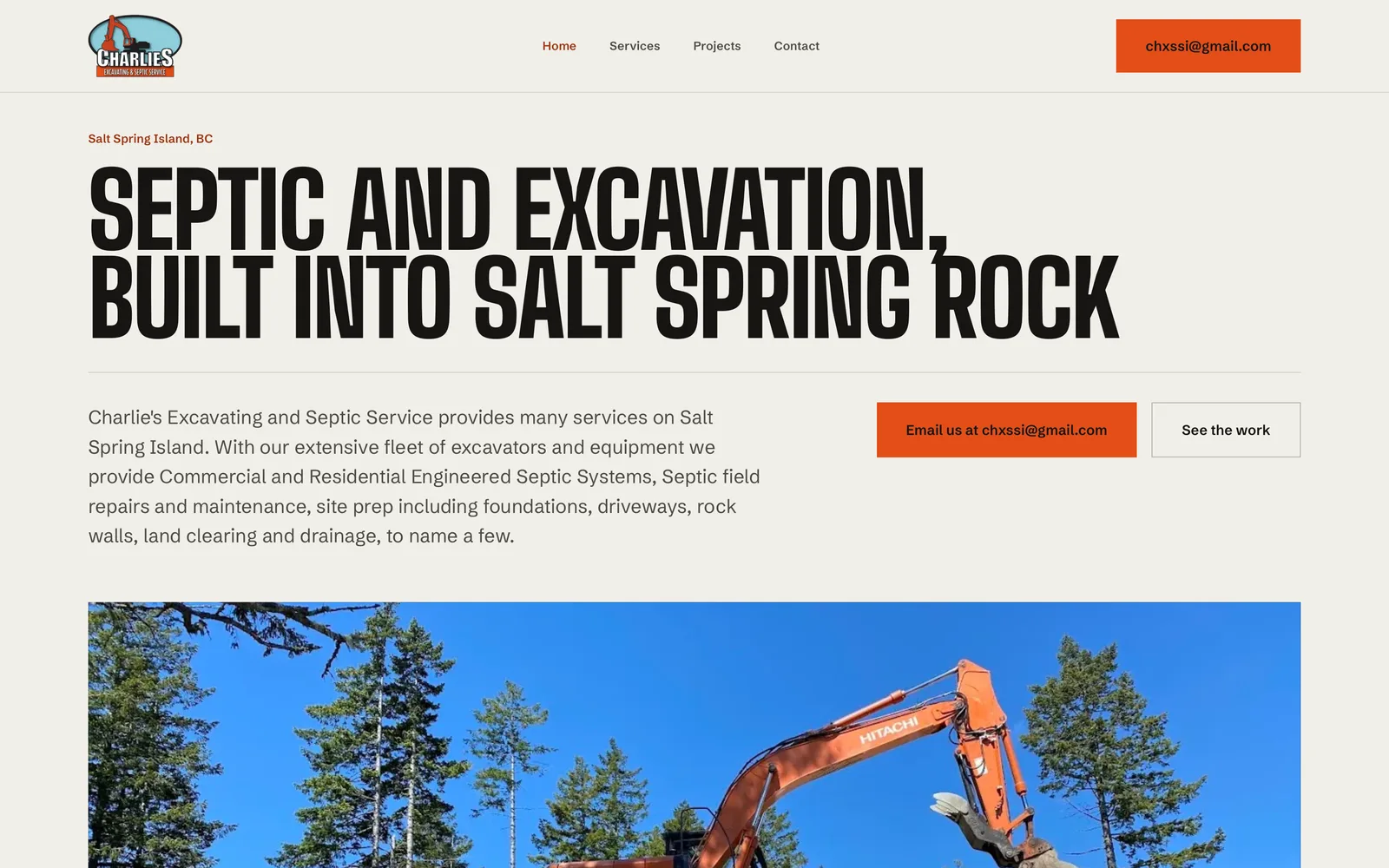 Charlie's Excavating website on desktop