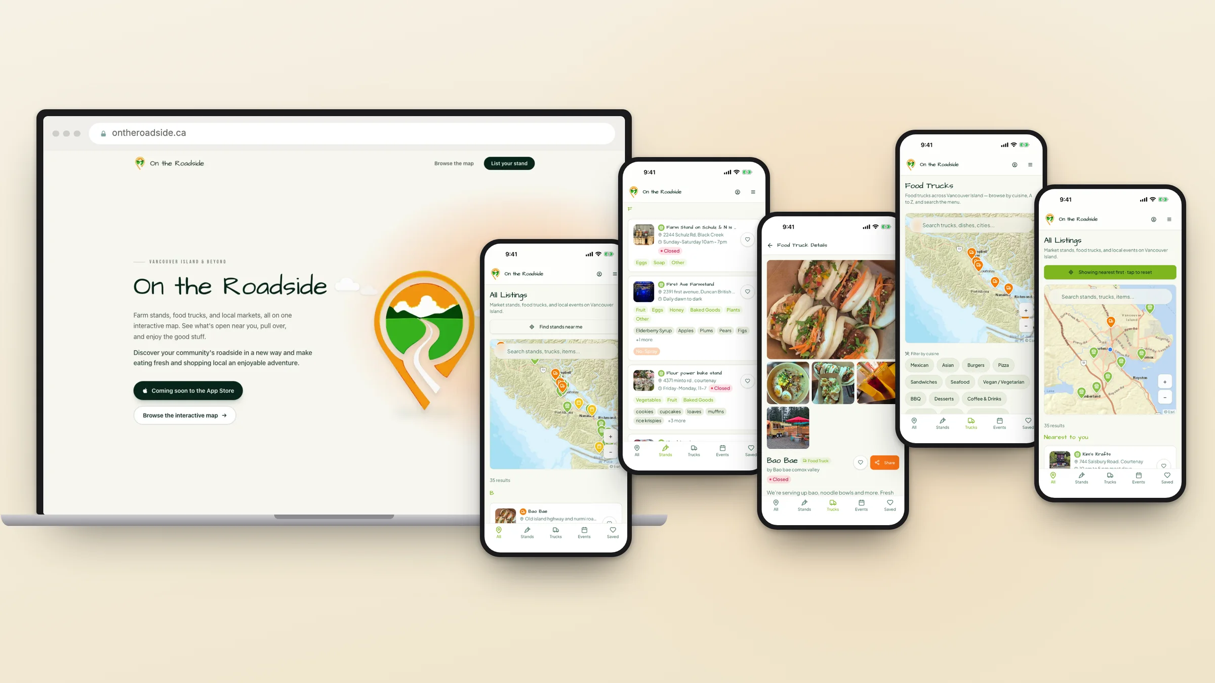 On the Roadside on a laptop and five iPhones: the landing page, the island-wide map, stand listings, a food truck's photo gallery, cuisine filters and nearest-first results