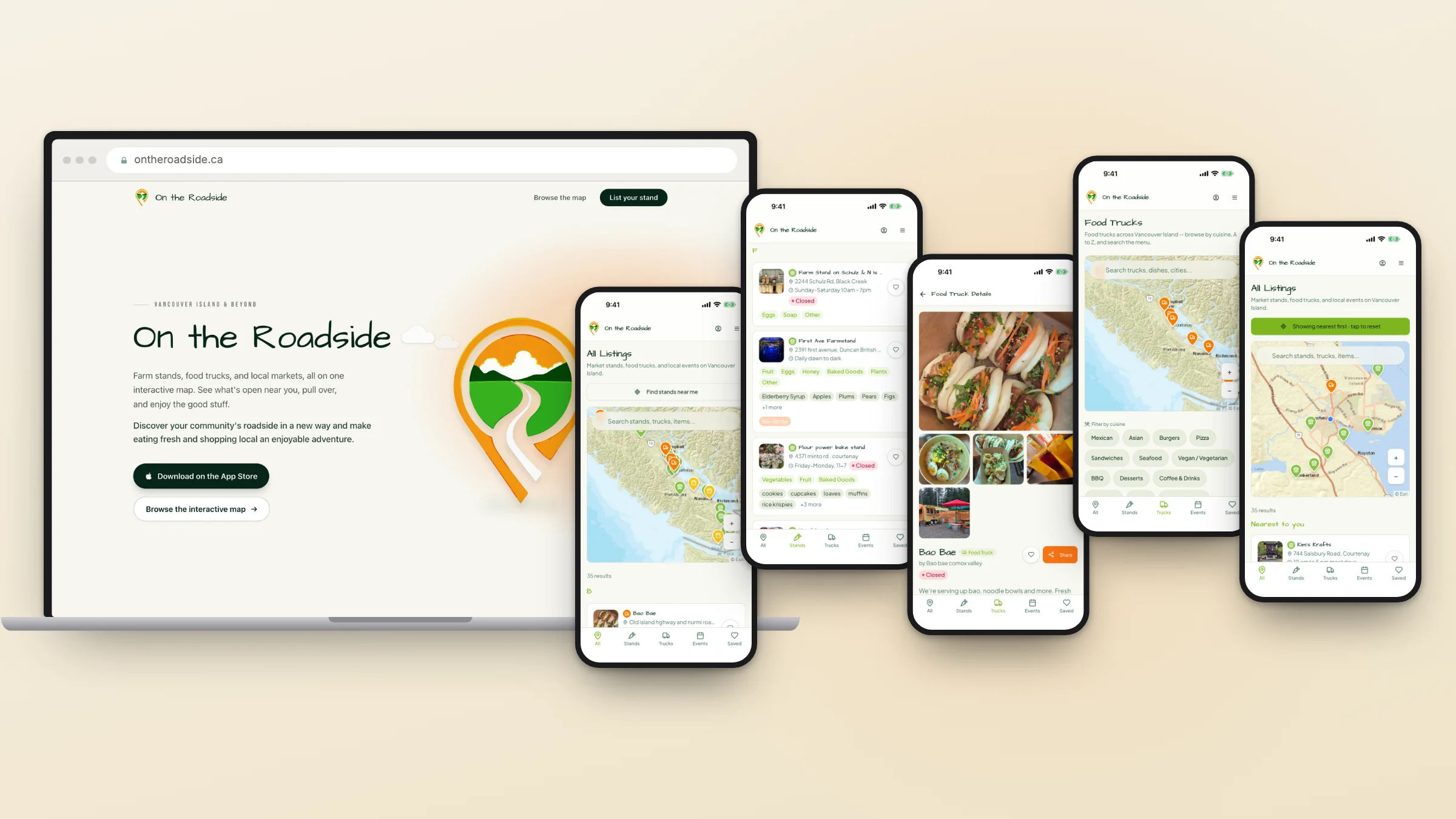 On the Roadside on a laptop and five iPhones: the landing page, the island-wide map, stand listings, a food truck's photo gallery, cuisine filters and nearest-first results
