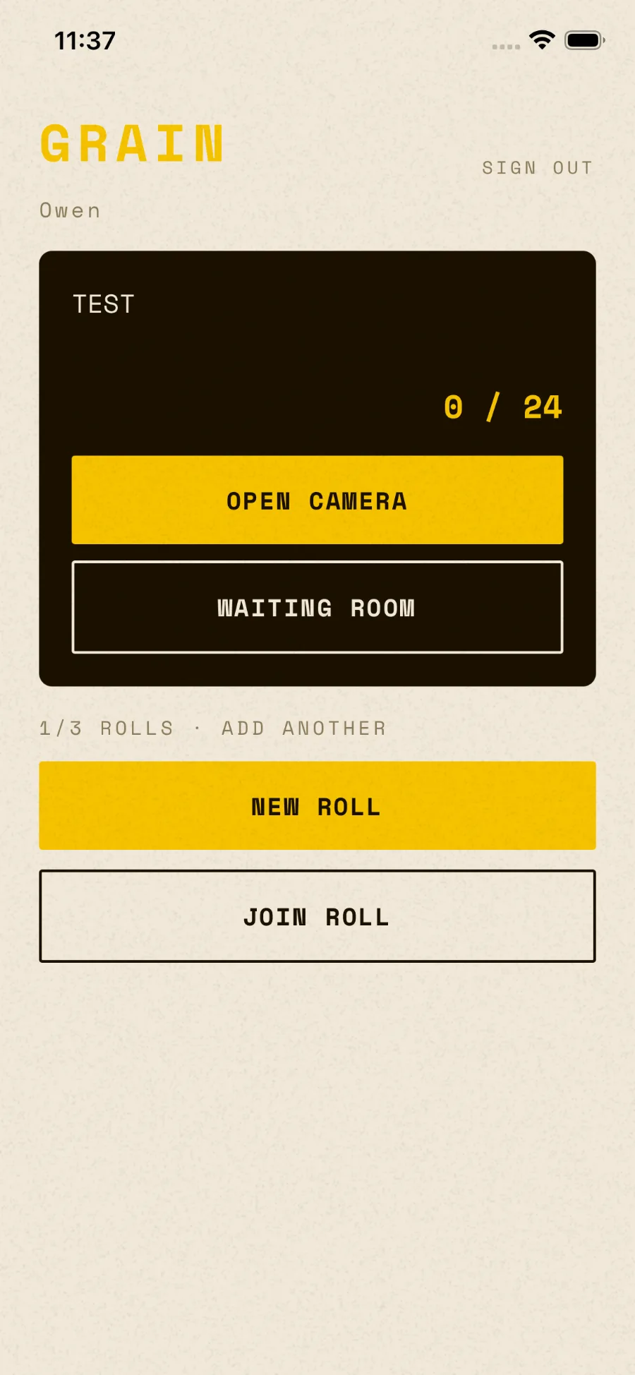 grain home screen with an active roll