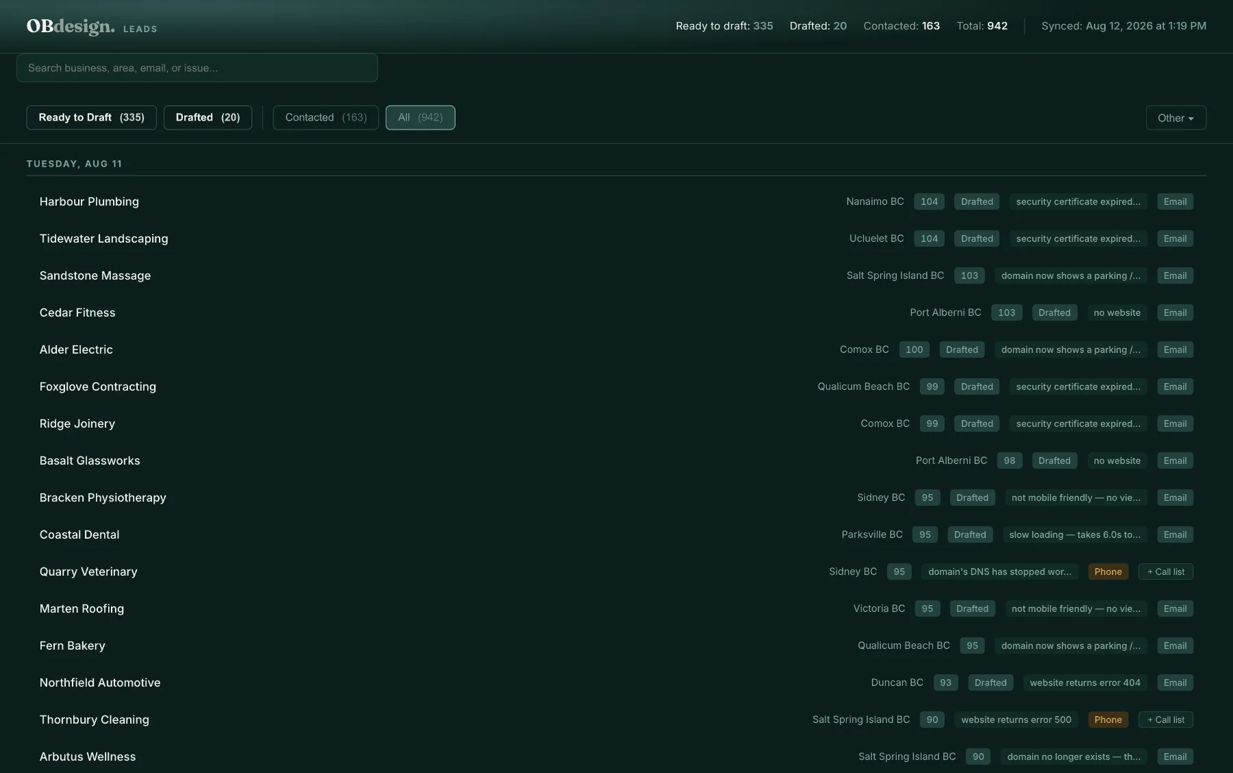 The leads dashboard: every lead scored and tagged with the problem found on its site