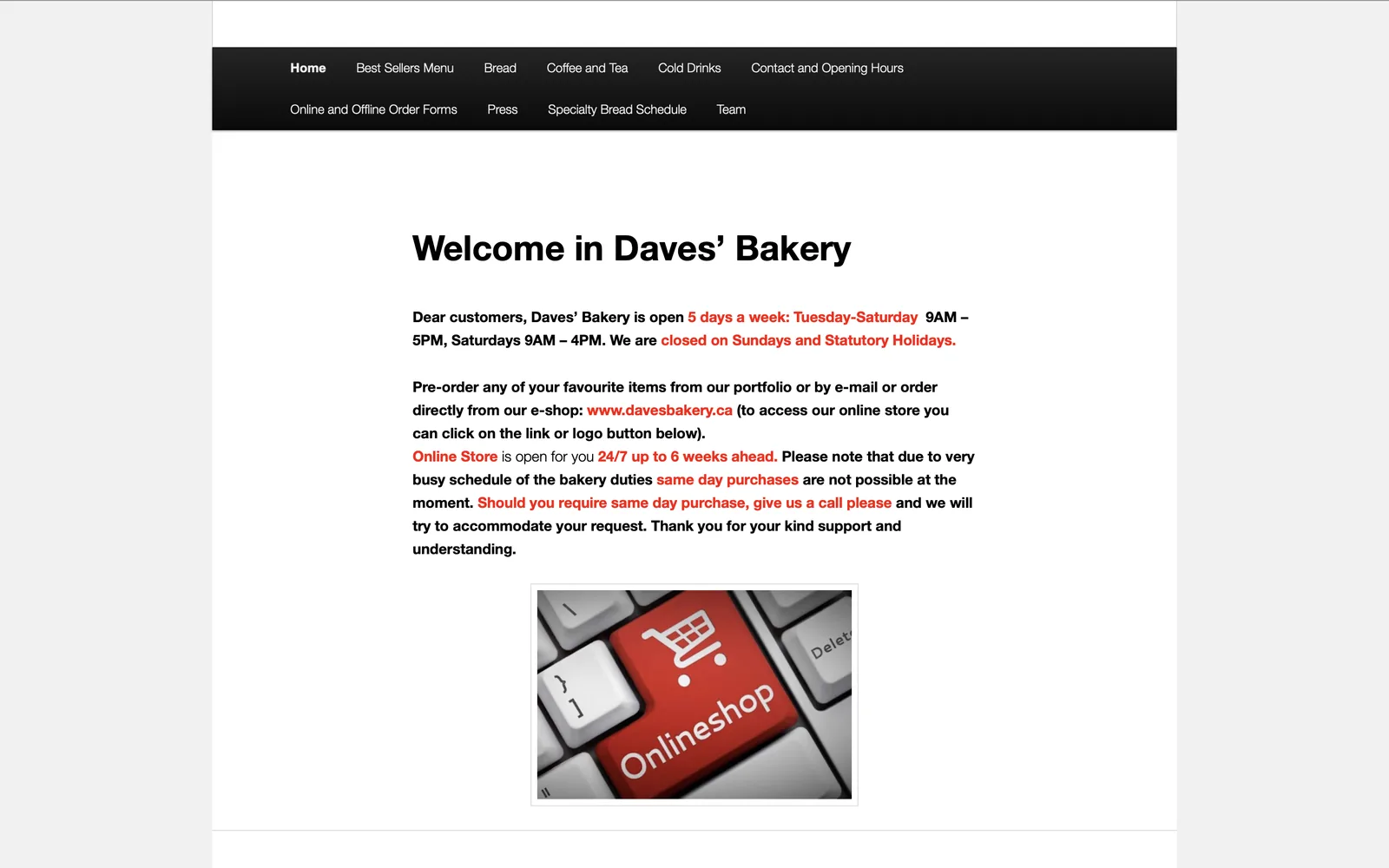 Daves' Bakery's previous WordPress website