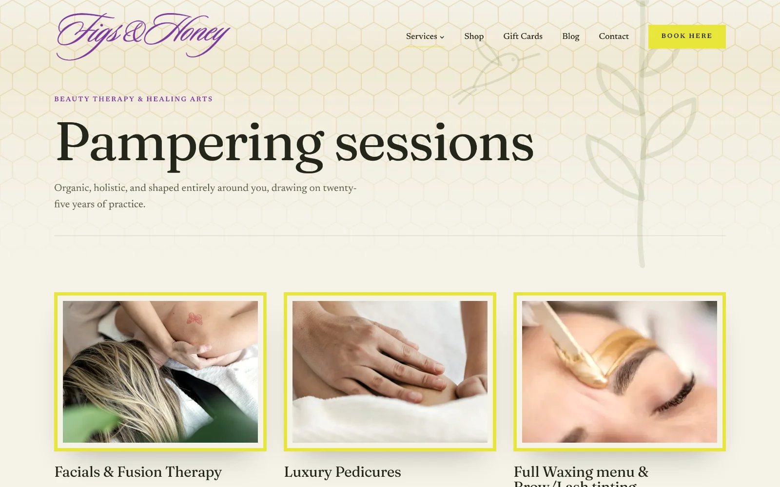 The treatments page, with Square booking behind every service